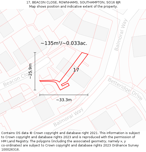17, BEACON CLOSE, ROWNHAMS, SOUTHAMPTON, SO16 8JR: Plot and title map