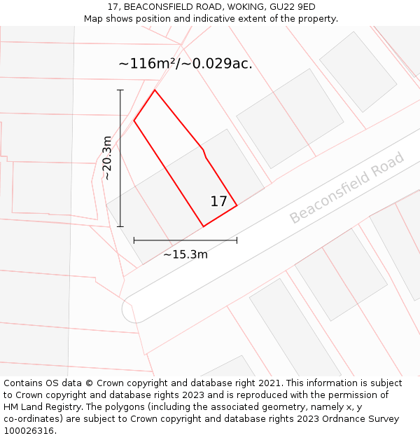 17, BEACONSFIELD ROAD, WOKING, GU22 9ED: Plot and title map
