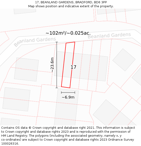 17, BEANLAND GARDENS, BRADFORD, BD6 3PP: Plot and title map
