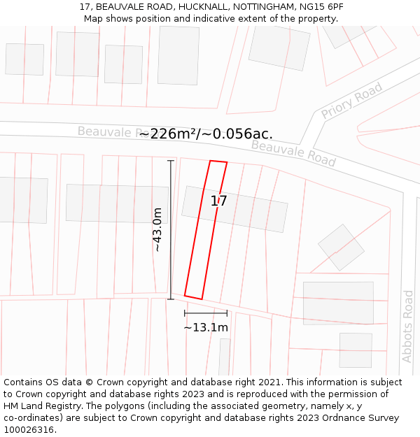 17, BEAUVALE ROAD, HUCKNALL, NOTTINGHAM, NG15 6PF: Plot and title map