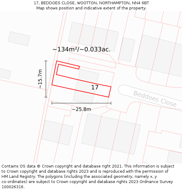 17, BEDDOES CLOSE, WOOTTON, NORTHAMPTON, NN4 6BT: Plot and title map