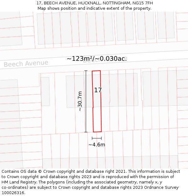 17, BEECH AVENUE, HUCKNALL, NOTTINGHAM, NG15 7FH: Plot and title map