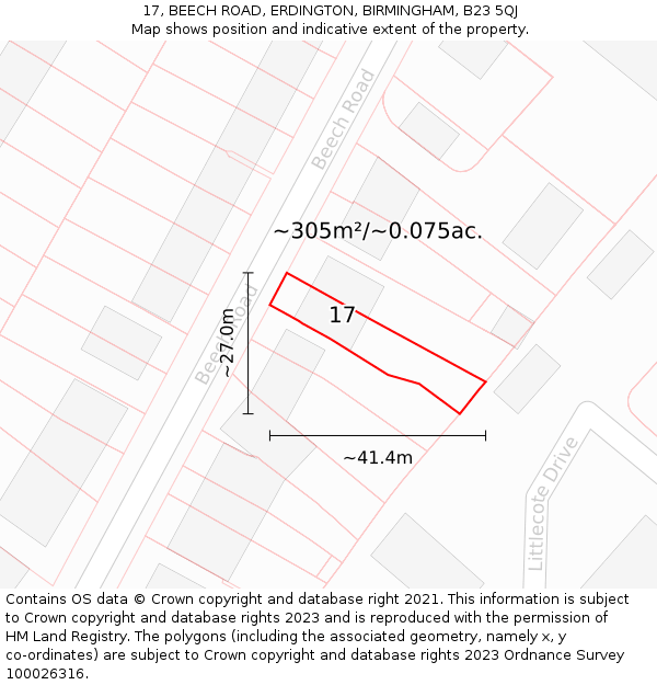 17, BEECH ROAD, ERDINGTON, BIRMINGHAM, B23 5QJ: Plot and title map