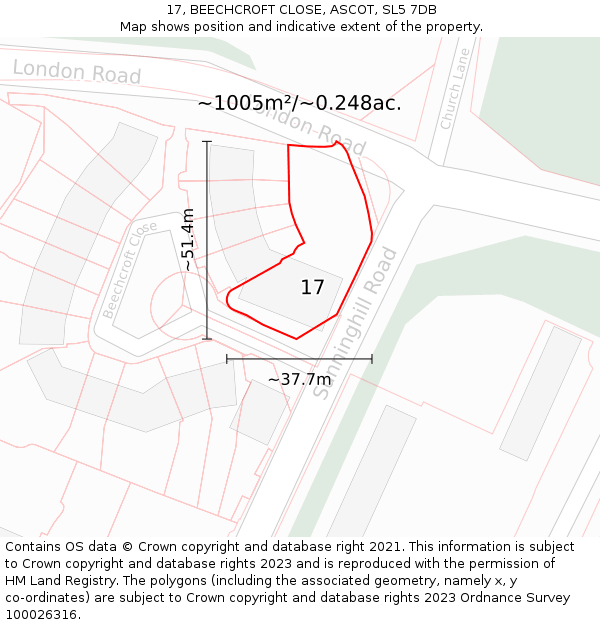 17, BEECHCROFT CLOSE, ASCOT, SL5 7DB: Plot and title map