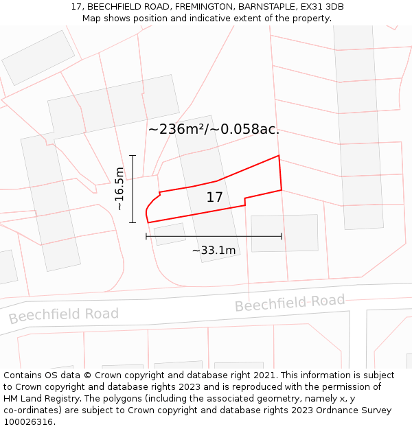 17, BEECHFIELD ROAD, FREMINGTON, BARNSTAPLE, EX31 3DB: Plot and title map