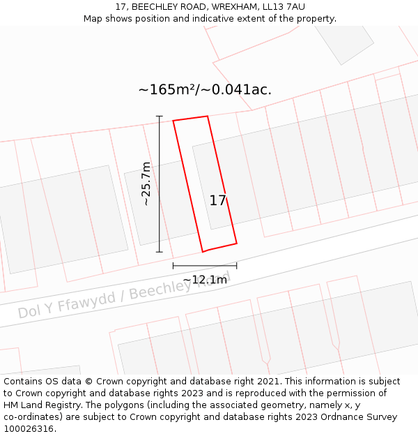 17, BEECHLEY ROAD, WREXHAM, LL13 7AU: Plot and title map