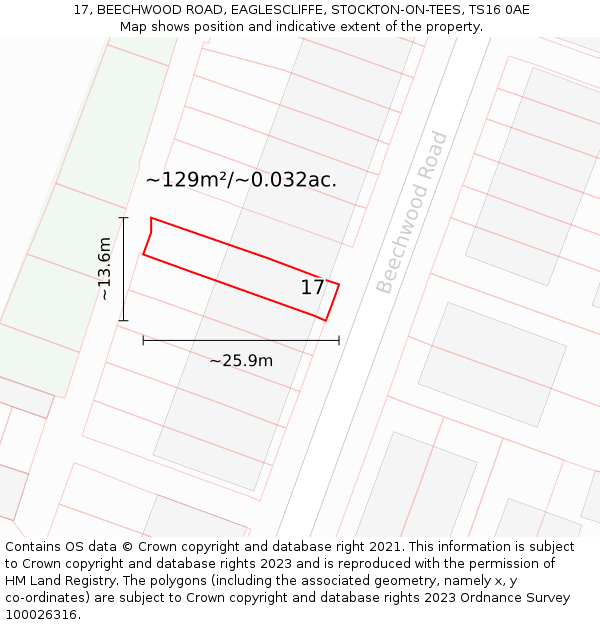 17, BEECHWOOD ROAD, EAGLESCLIFFE, STOCKTON-ON-TEES, TS16 0AE: Plot and title map