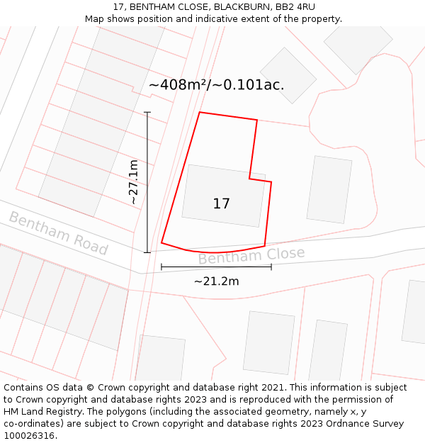 17, BENTHAM CLOSE, BLACKBURN, BB2 4RU: Plot and title map