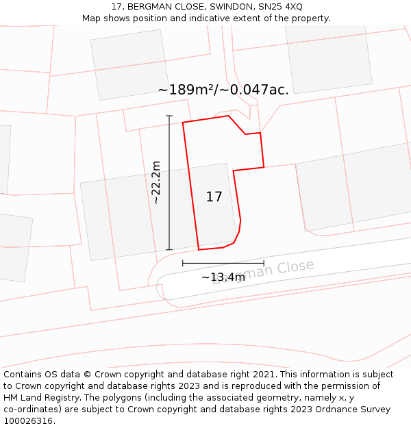 17, BERGMAN CLOSE, SWINDON, SN25 4XQ: Plot and title map