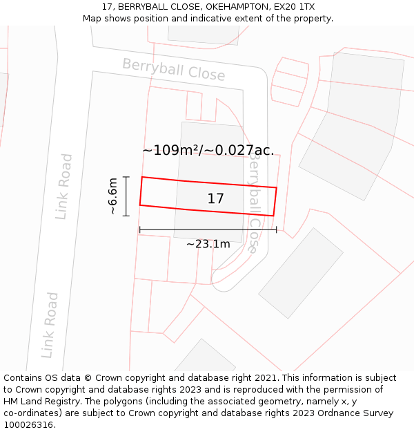 17, BERRYBALL CLOSE, OKEHAMPTON, EX20 1TX: Plot and title map