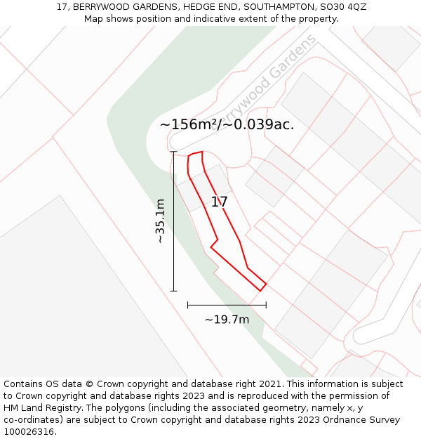 17, BERRYWOOD GARDENS, HEDGE END, SOUTHAMPTON, SO30 4QZ: Plot and title map
