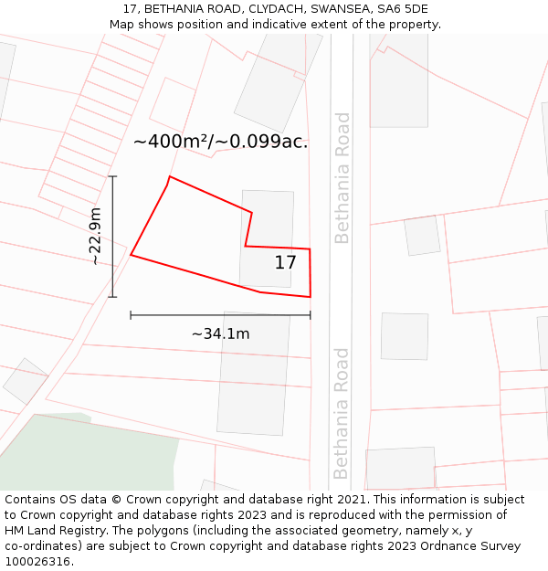 17, BETHANIA ROAD, CLYDACH, SWANSEA, SA6 5DE: Plot and title map