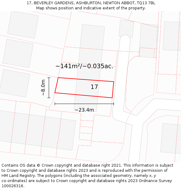 17, BEVERLEY GARDENS, ASHBURTON, NEWTON ABBOT, TQ13 7BL: Plot and title map