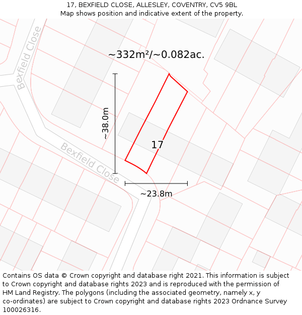 17, BEXFIELD CLOSE, ALLESLEY, COVENTRY, CV5 9BL: Plot and title map