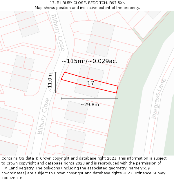 17, BILBURY CLOSE, REDDITCH, B97 5XN: Plot and title map