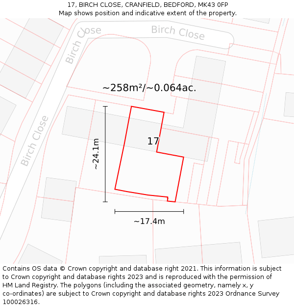 17, BIRCH CLOSE, CRANFIELD, BEDFORD, MK43 0FP: Plot and title map
