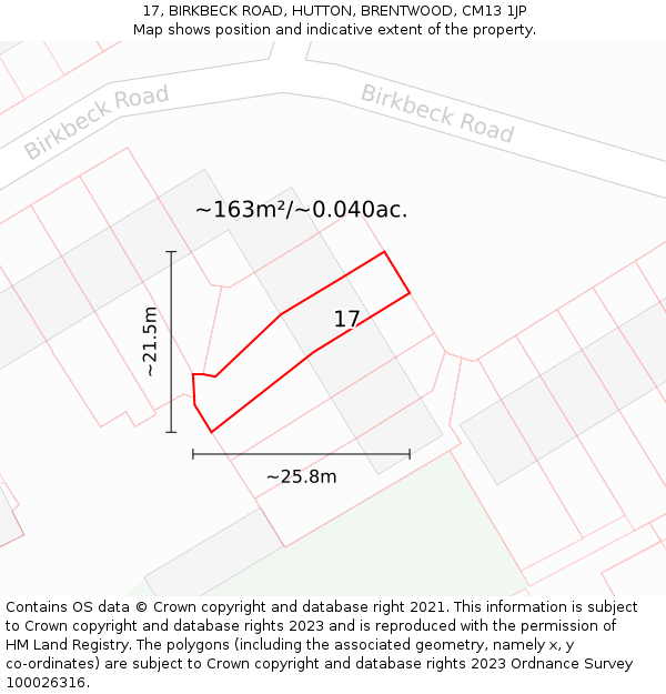 17, BIRKBECK ROAD, HUTTON, BRENTWOOD, CM13 1JP: Plot and title map