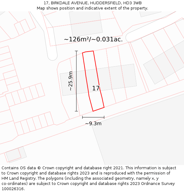 17, BIRKDALE AVENUE, HUDDERSFIELD, HD3 3WB: Plot and title map
