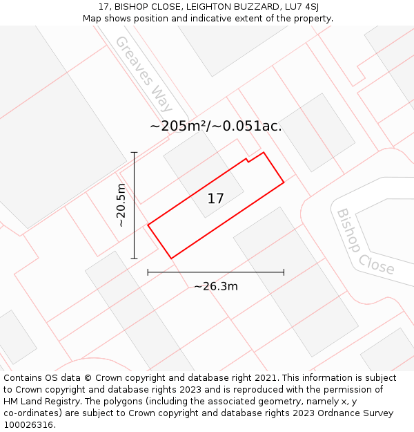 17, BISHOP CLOSE, LEIGHTON BUZZARD, LU7 4SJ: Plot and title map