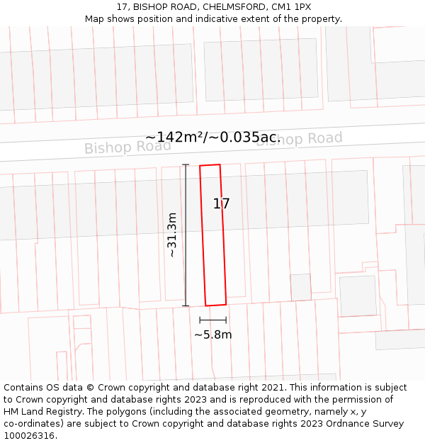 17, BISHOP ROAD, CHELMSFORD, CM1 1PX: Plot and title map