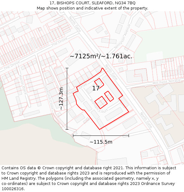 17, BISHOPS COURT, SLEAFORD, NG34 7BQ: Plot and title map