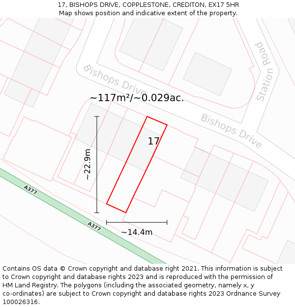 17, BISHOPS DRIVE, COPPLESTONE, CREDITON, EX17 5HR: Plot and title map