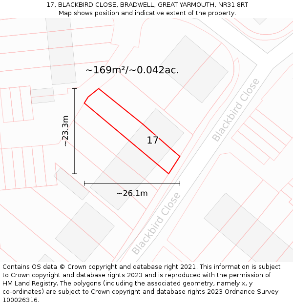 17, BLACKBIRD CLOSE, BRADWELL, GREAT YARMOUTH, NR31 8RT: Plot and title map