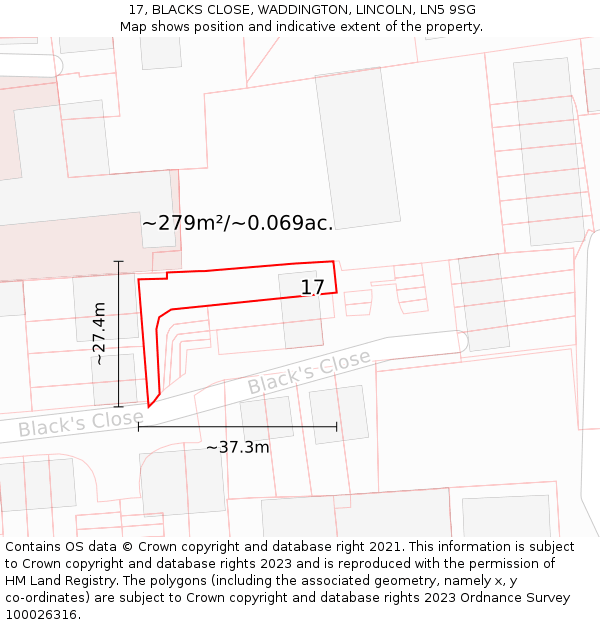 17, BLACKS CLOSE, WADDINGTON, LINCOLN, LN5 9SG: Plot and title map