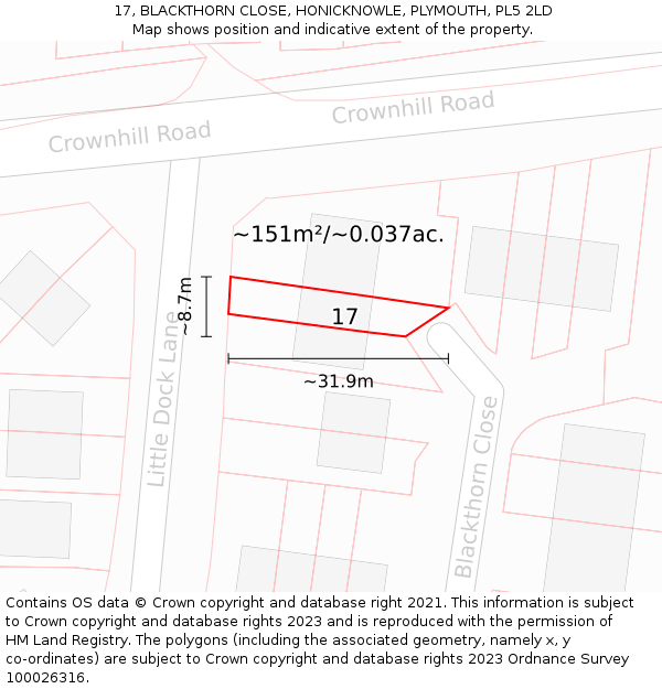 17, BLACKTHORN CLOSE, HONICKNOWLE, PLYMOUTH, PL5 2LD: Plot and title map