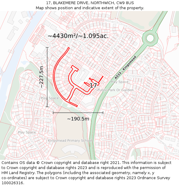 17, BLAKEMERE DRIVE, NORTHWICH, CW9 8US: Plot and title map