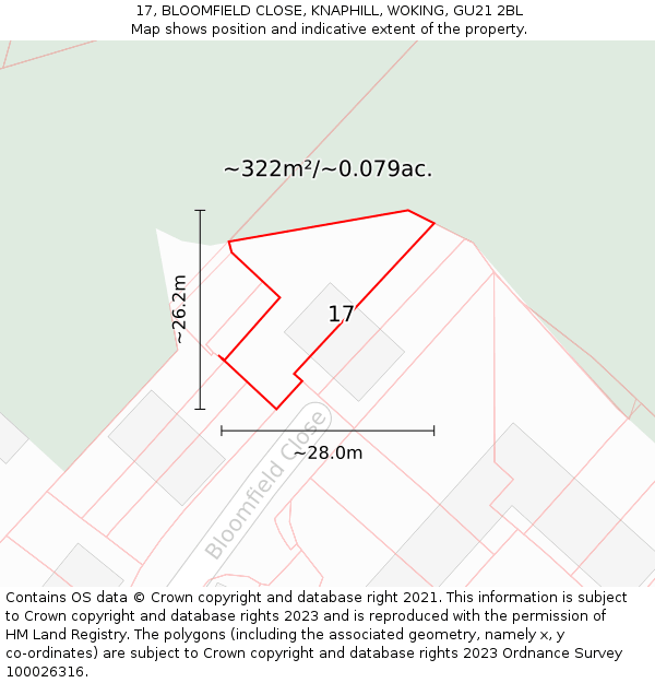 17, BLOOMFIELD CLOSE, KNAPHILL, WOKING, GU21 2BL: Plot and title map