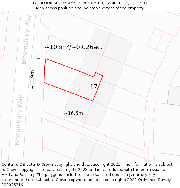 17, BLOOMSBURY WAY, BLACKWATER, CAMBERLEY, GU17 9JG: Plot and title map