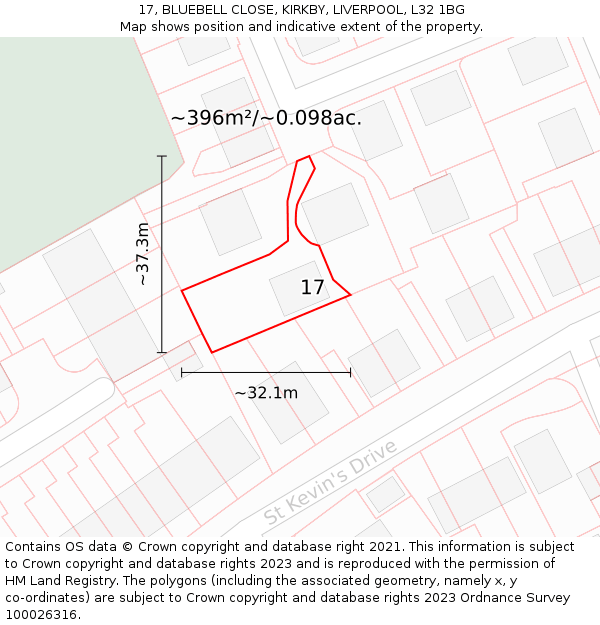 17, BLUEBELL CLOSE, KIRKBY, LIVERPOOL, L32 1BG: Plot and title map