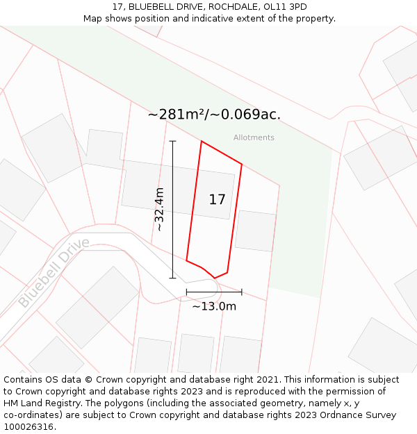 17, BLUEBELL DRIVE, ROCHDALE, OL11 3PD: Plot and title map