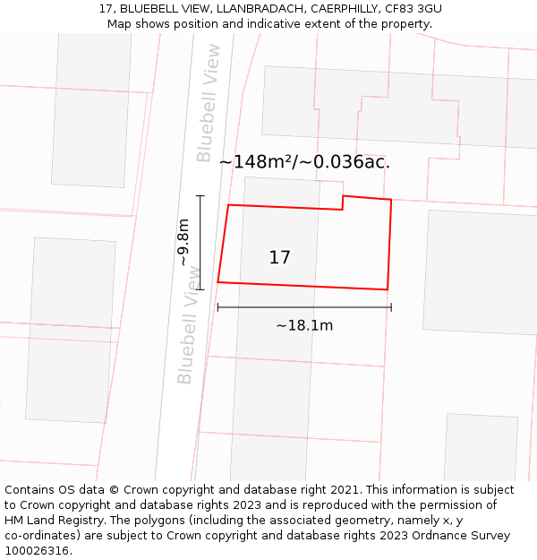 17, BLUEBELL VIEW, LLANBRADACH, CAERPHILLY, CF83 3GU: Plot and title map