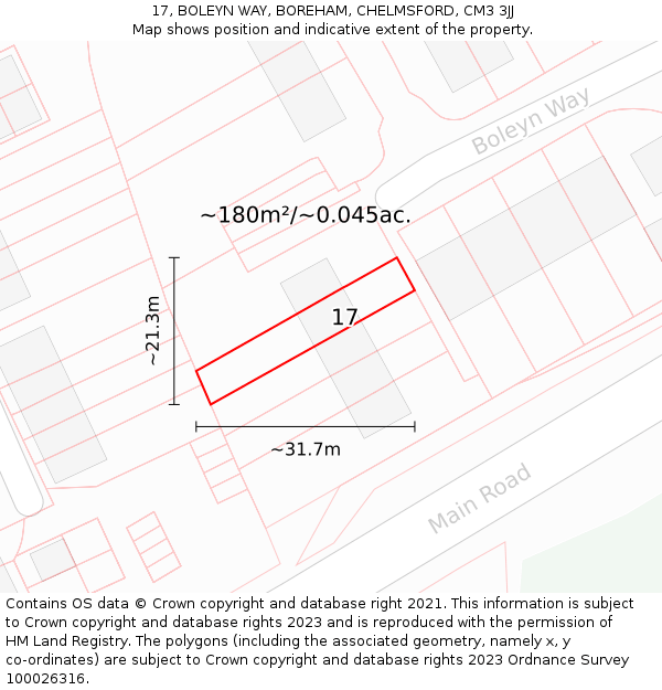 17, BOLEYN WAY, BOREHAM, CHELMSFORD, CM3 3JJ: Plot and title map