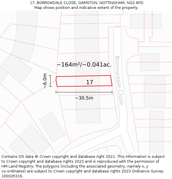 17, BORROWDALE CLOSE, GAMSTON, NOTTINGHAM, NG2 6PD: Plot and title map