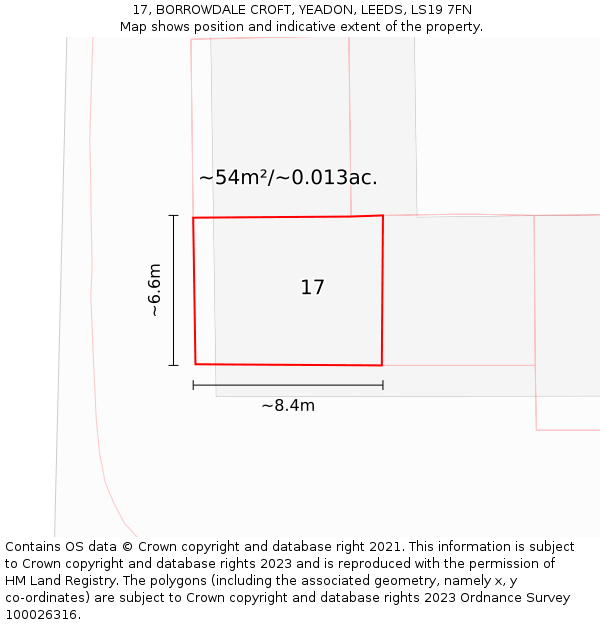 17, BORROWDALE CROFT, YEADON, LEEDS, LS19 7FN: Plot and title map