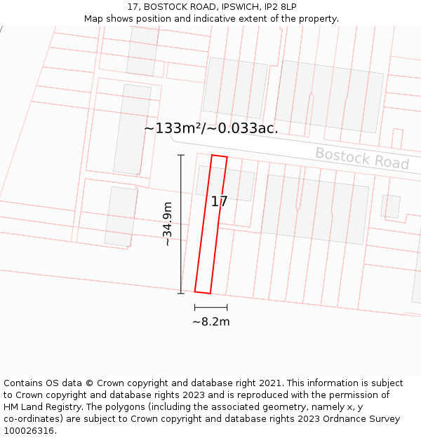 17, BOSTOCK ROAD, IPSWICH, IP2 8LP: Plot and title map