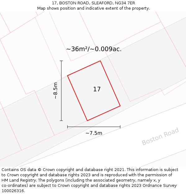 17, BOSTON ROAD, SLEAFORD, NG34 7ER: Plot and title map