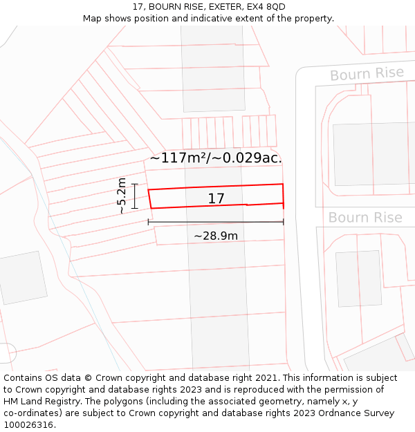 17, BOURN RISE, EXETER, EX4 8QD: Plot and title map