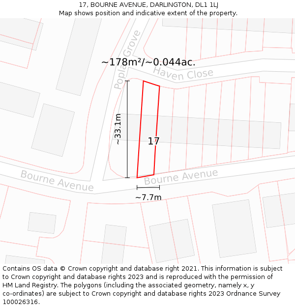 17, BOURNE AVENUE, DARLINGTON, DL1 1LJ: Plot and title map