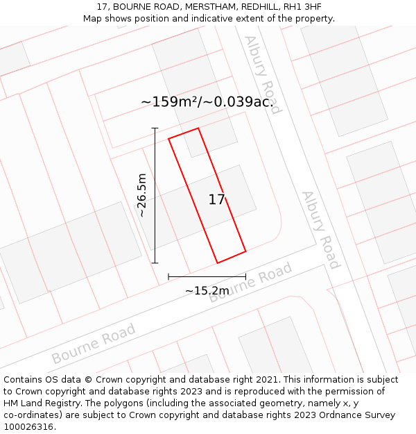 17, BOURNE ROAD, MERSTHAM, REDHILL, RH1 3HF: Plot and title map