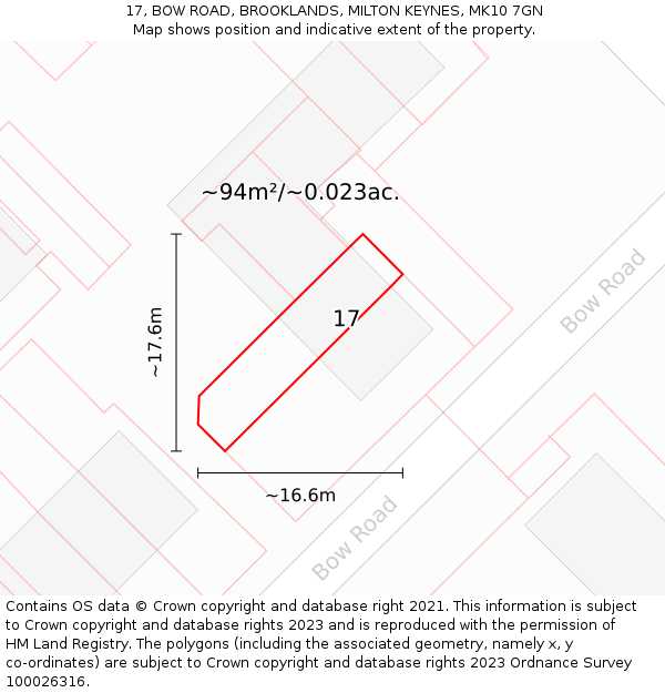 17, BOW ROAD, BROOKLANDS, MILTON KEYNES, MK10 7GN: Plot and title map