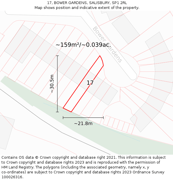 17, BOWER GARDENS, SALISBURY, SP1 2RL: Plot and title map