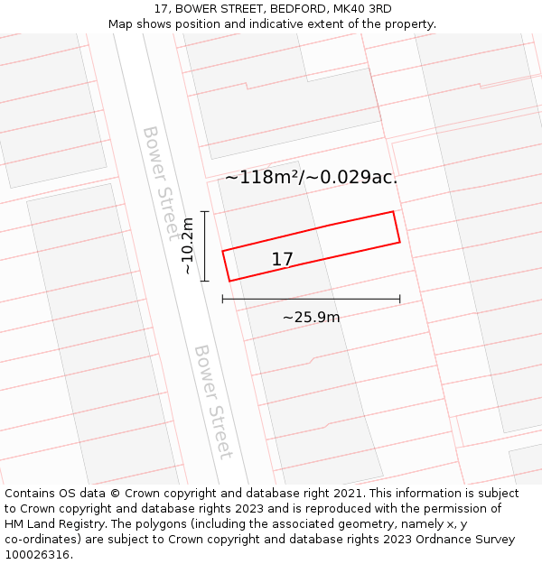 17, BOWER STREET, BEDFORD, MK40 3RD: Plot and title map