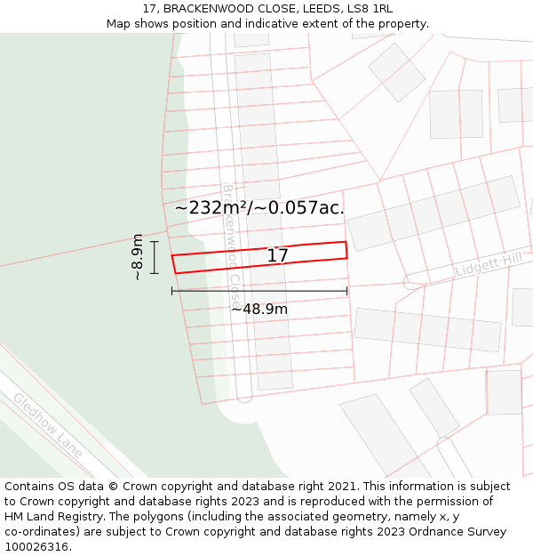 17, BRACKENWOOD CLOSE, LEEDS, LS8 1RL: Plot and title map
