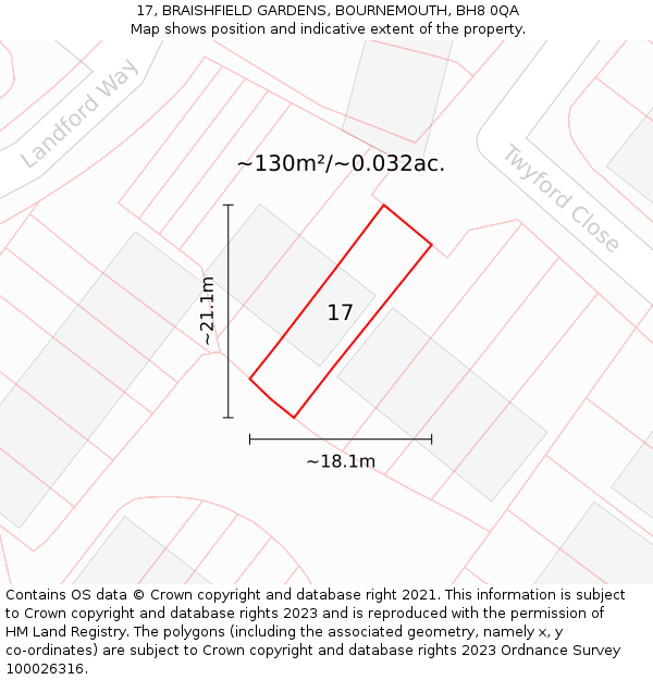17, BRAISHFIELD GARDENS, BOURNEMOUTH, BH8 0QA: Plot and title map