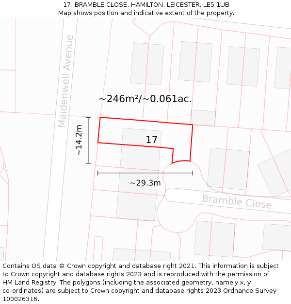 17, BRAMBLE CLOSE, HAMILTON, LEICESTER, LE5 1UB: Plot and title map