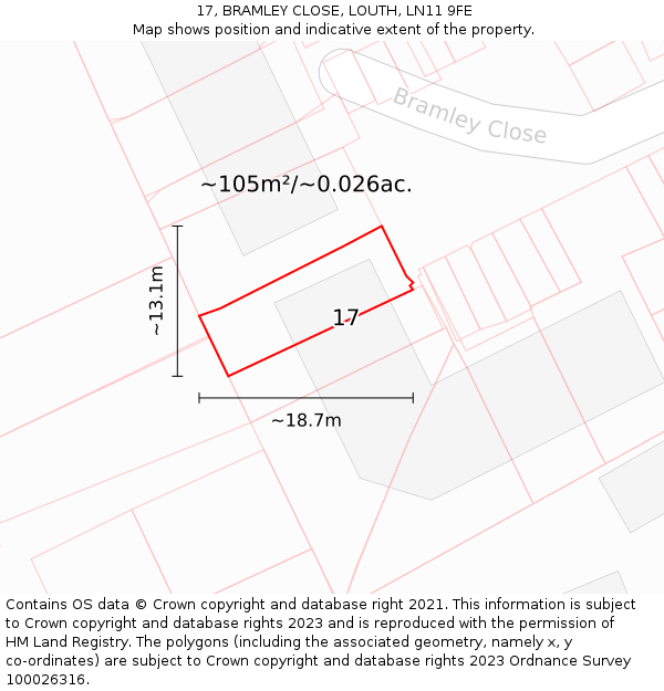 17, BRAMLEY CLOSE, LOUTH, LN11 9FE: Plot and title map